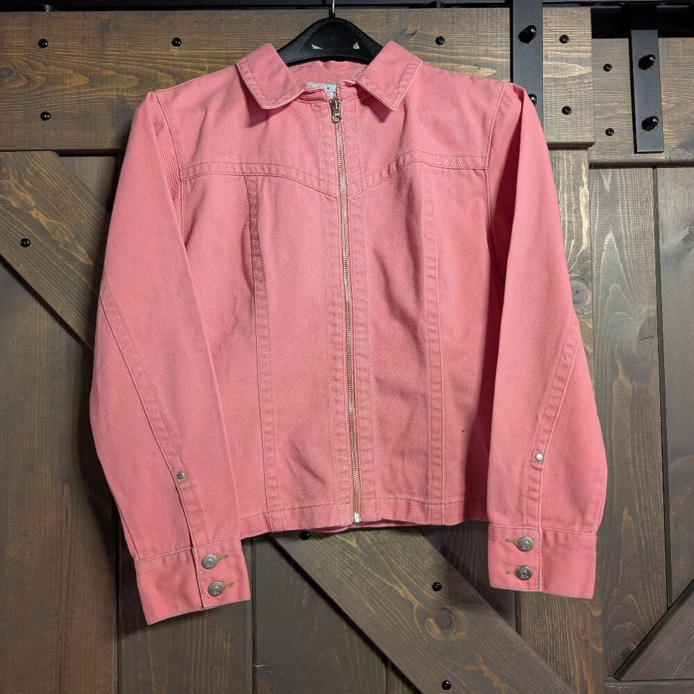 Cabi faded pink zip up jean jacket size L